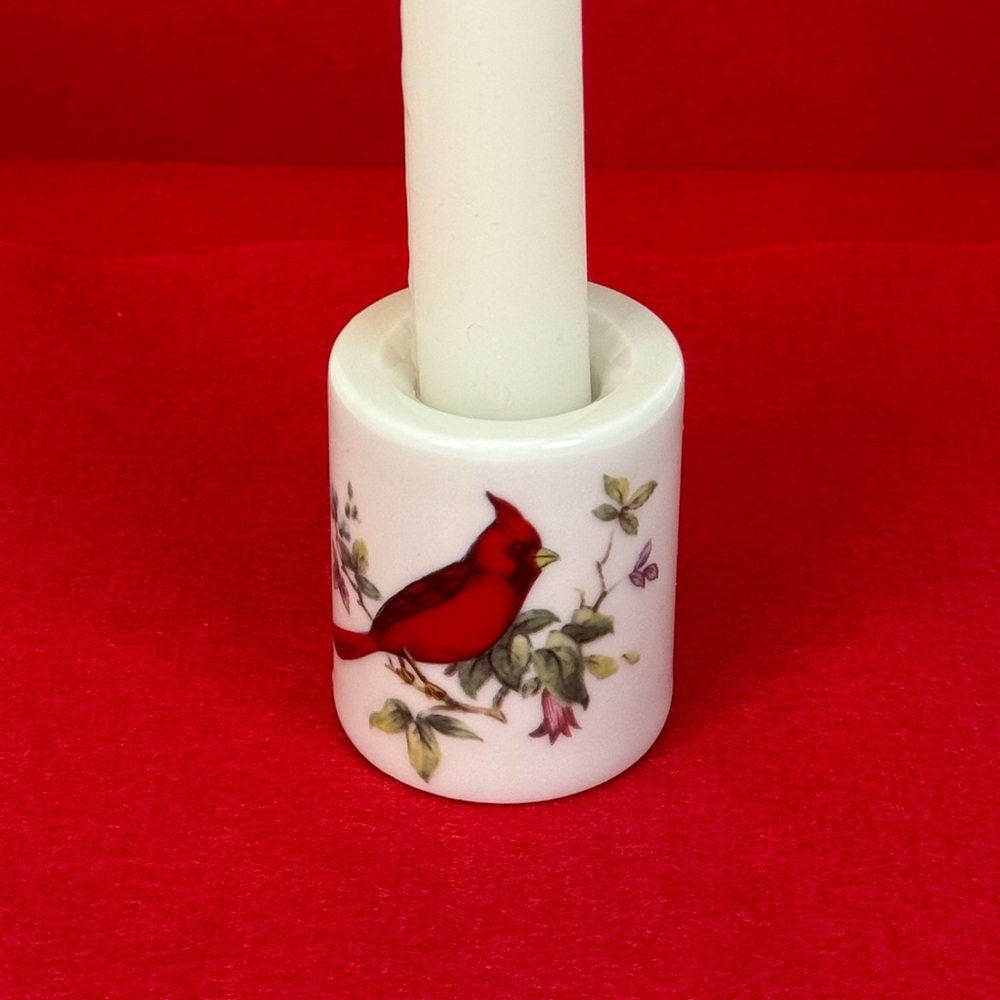 Elegant White Candle Holder with Red Cardinal Design